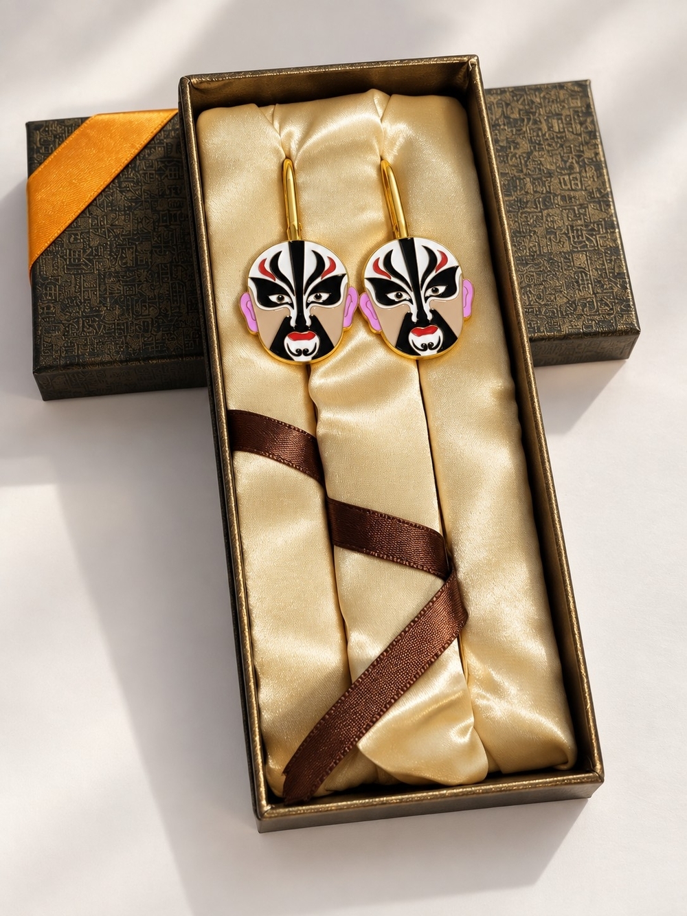Gold-Tone Enamel Opera Mask Earrings in Black, White & Pink